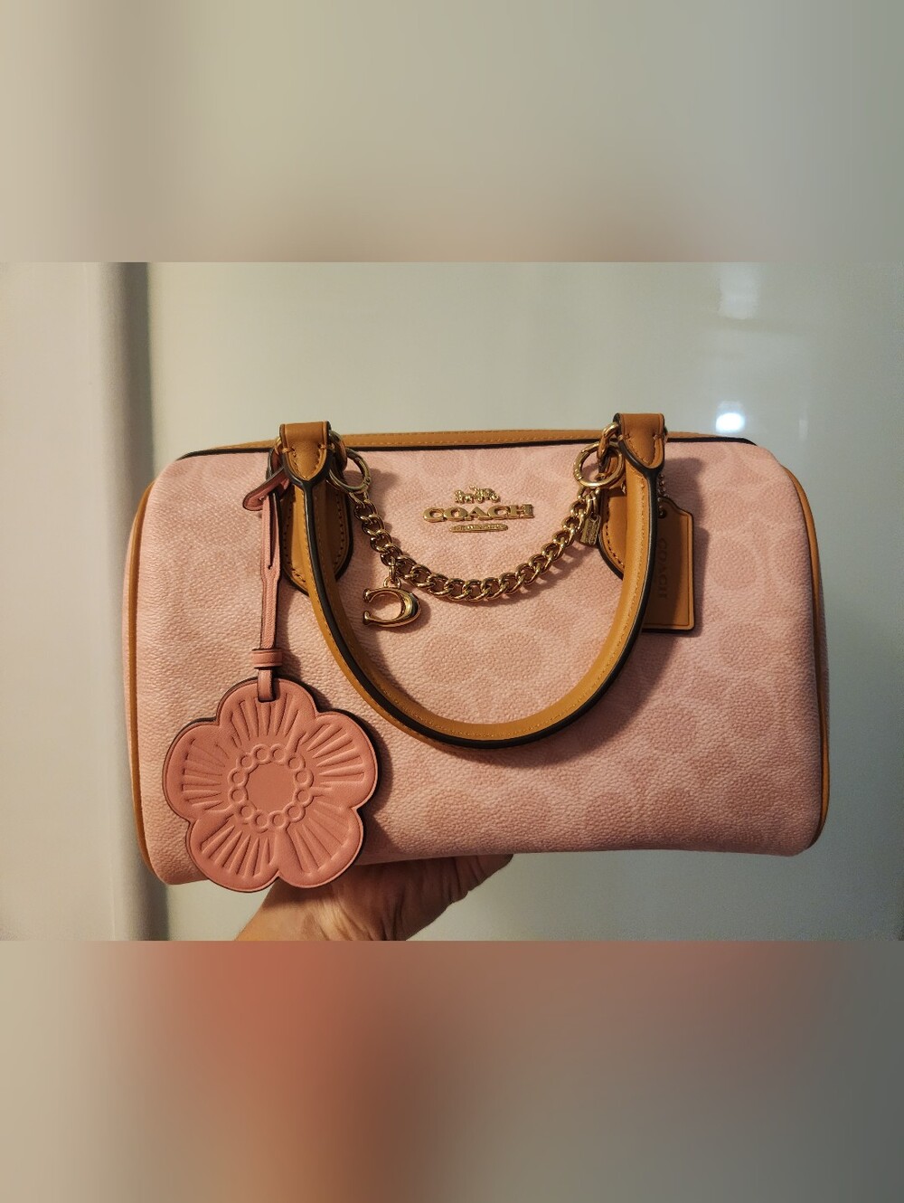 Coach Pink Signature Satchel with Flower Charm and Gold Hardware Rowan.